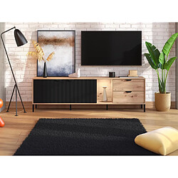 Vente-Unique Meuble TV 2 portes, 2 tiroirs et 1 niche avec LEDs - Naturel et noir - MEVIELA 