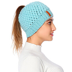 Queue De Cheval Messy Bun Beanie Hats Knit Stretchy Beanie Hats Cap Bleu pas cher