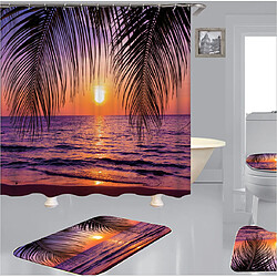 Universal Coucher du soleil Crépuscule Feuilles de noix de coco Vue Rideaux de douche Vue mer Eté Toilette Baignoire Rideaux Décoration maison Lavable 4PCS Set |(Violet)