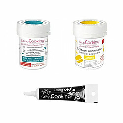 Scrapcooking 2 colorants alimentaires bleu foncé-jaune + Stylo glaçage noir