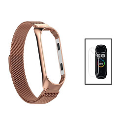 PHONECARE Kit Bracelet Milanese Loop Fermoir Magnétique + Film de Gel Full Cover pour Xiaomi Mi Band 7 - Rose Or / Transparent