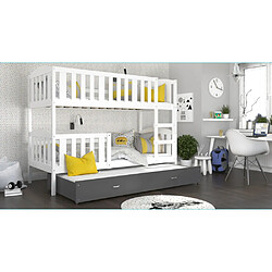 Kids Literie Lit Superposé 3 Places Teo 90x190 Blanc - gris Livré avec sommiers, tiroir et matelas en mousse de 7cm