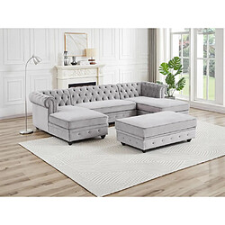 Vente-Unique Canapé d'angle panoramique et pouf en velours gris clair CHESTERFIELD