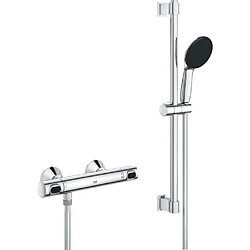 Ensemble de douche avec mitigeur thermostatique, pommeau 1 jet, barre 60cm et flexible - GROHE 34800001 - Economie d'eau - Chromé