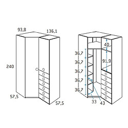 Inside 75 Armoire d'angle pan-coupé 2 portes 6 tiroirs droite 136,1 x 93,8 x 240 cm finition chêne blanchis