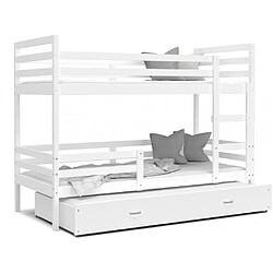 Kids Literie Lit Superposé 3 Places Milo 90x190 Blanc - blanc Livré avec sommiers, tiroir et matelas en mousse de 7cm