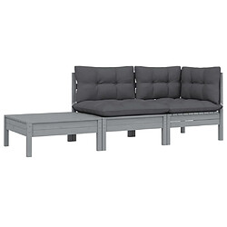 vidaXL Salon de jardin 3 pcs avec coussins Gris Bois de pin massif