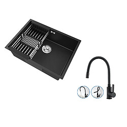 Auralum Max Évier Cuisine 1 Bac 60*44*20CM,inox 304,sous-plan avec Panier Drainage,Noir+Mitigeur Évier avec Bec Flexible,Robinet Cuisine Rabattable