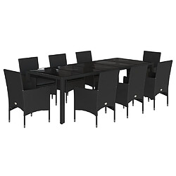 vidaXL Ensemble à manger de jardin et coussins 9 pcs noir rotin verre