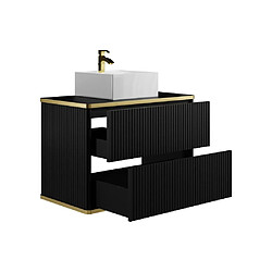 Vente-Unique Meuble de salle de bain suspendu strié liseré doré avec vasque à poser - Noir - 80 cm - KELIZA pas cher