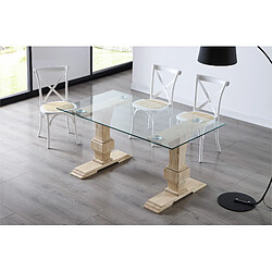 Pegane Table à manger rectangulaire en verre trempé avec pieds en bois de chêne sculpté - Longueur 160 x Profondeur 90 x Hauteur 76 cm