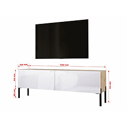 Avis 3XELIVING Meuble TV en couleur Chêne wotan / Blanc Brillant avec pieds droits en noir, D: l : 140 cm, H : 52 cm, P : 32 cm