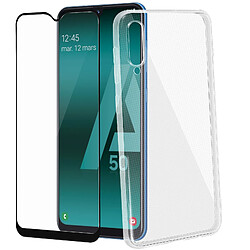 Avizar Coque Galaxy A50 Silicone Transparent et Film Ecran Verre Trempé Contour noir