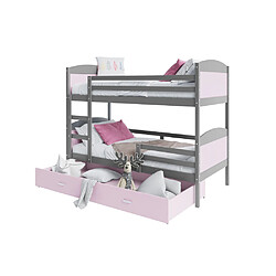 Kids Literie Lit Superposé Mateo 90x190 Gris - rose Livré avec sommiers, tiroir et matelas en mousse de 7cm