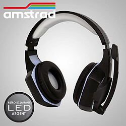 Casque Pro Gamer Amstrad Basic AMS H555 argent avec Rétroéclairage LED - 40mm Power Bass avec micro intégré, réglage volume pas cher