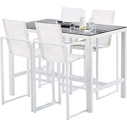 Acheter Wilsa Garden Ensemble BARSET en aluminium blanc avec plateau réversible coté pierre et coté verre et 4 chaises hautes en textilène