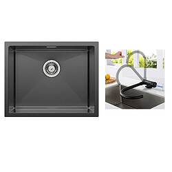 Auralum MAX 2 en1 Évier de Cuisine 1Bac 55*44*19CM, à Encastrer/Fleur/ Sous-Plan, Noir +Mitigeur Cuisine en Acier Inox 304 Rabattable Pivotant à 360°,Noir