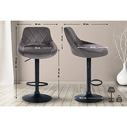 Decoshop26 Tabouret de bar en velours gris coutures décoratives pivotant support métal noir TDB10666