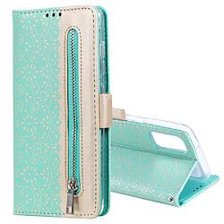 Etui en PU poche zippée en dentelle motif fleur vert pour votre Samsung Galaxy S20 Plus