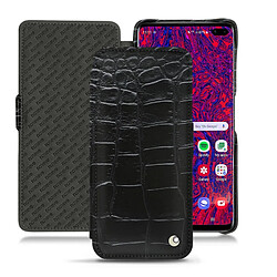 Housse cuir Samsung Galaxy S10+ - Rabat horizontal - Crocodile nero ( Noir / Black) - NOREVE