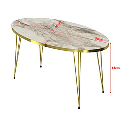 Helloshop26 Table basse ovale 43 x 90 x 50 cm marbre blanc or 03_0008509