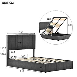 KOMHTOM Lit Tapissé Hydraulique 140*200 cm - Tête De Lit Réglable - Sommier À Lattes En Métal - Espace De Rangement - Gris Lin - Matelas Inclus pas cher