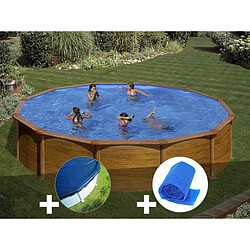 Kit piscine acier aspect bois Gré Mauritius ronde 5,70 x 1,32 m + Bâche hiver + Bâche à bulles