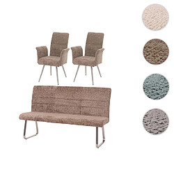 Mendler Set de salle à manger HWC-G55, set de 2 chaises avec accoudoirs+banc 180cm, inox brossé tissu/textile chenille ~ brun