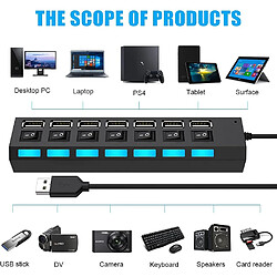 Répartiteur USB multi-ports, hub USB 2.0 7 en 1 avec interrupteurs marche/arrêt individuels haute vitesse avec hubs USB LED (7 ports USB A)