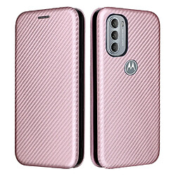 Coque en TPU + PU texture en fibre de carbone avec béquille en anneau et porte-carte or rose pour votre Motorola Moto G31/G41