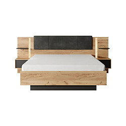 Avis Vente-Unique Lit avec chevets 160 x 200 cm - Avec LEDs - Coloris : Naturel et anthracite + Sommier + Matelas - ELYNIA