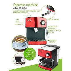 Machine à Espresso Automatique 15 Bars 1,6 L, Buse Vapeur à Lait Chauffe -Tasses, 850, Rouge, Adler, AD 4404R pas cher