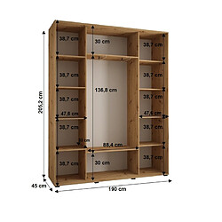 Acheter Abiks Meble Armoire SAPPORO 2 À Portes Coulissantes 205,2/190/45 3 Portes (Blanc/Artisan)