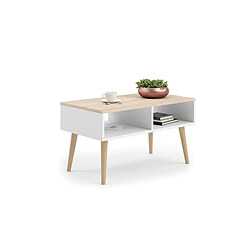 Alter Table basse de salon, Table Magazine avec 2 étagères et pieds, style Scandi, 55x90h55 cm, coloris Blanc et Chêne