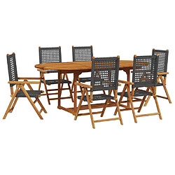 vidaXL Ensemble à manger de jardin 7 pcs noir rotin et bois massif