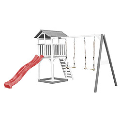 AXI Beach Tower Aire de Jeux avec Toboggan en Rouge, 2 Balançoires & Bac à Sable | Grande Maison Enfant extérieur en Gris & BLANC | Cabane de Jeu en Bois FSC