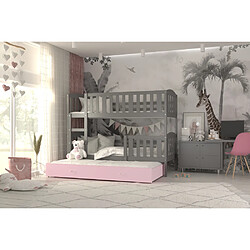 Kids Literie Lit Superposé 3 Places Teo 90x190 Gris - rose Livré avec sommiers, tiroir et matelas en mousse de 7cm