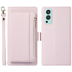 Etui en PU texture litchi, antichoc, magnétique avec support, pochette à fermeture éclair et sangle pour votre OnePlus Nord 2 5G - violet clair