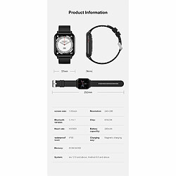 Acheter Montre Intelligente 1.85 Pouces Écran Hd Oxygène Sanguin Surveillance De La Température Corporelle Bracelet De Remise En Forme Noir