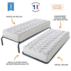 Ebac Lit gigogne métal + matelas 80x190 - 20 lattes bois - Gain de place - Made in France