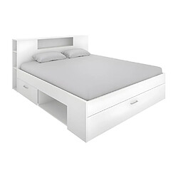 Avis Vente-Unique Lit avec tête de lit rangements et tiroirs - 160 x 200cm - Coloris : Blanc - LEANDRE