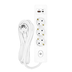 Null Multiprise SELDUR G3TH22B, 3 prises type F + interrupteur, USB A+C charge rapide 20W, Blanc, câble 2m