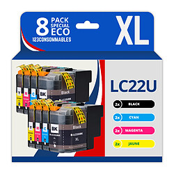 123CONSOMMABLES - LC22U - Pack 8 Cartouches d'encre Compatible Brother LC22UXL LC22U LC-22U LC-22UBK LC-22UC LC-22UM LC-22UY XL pour Brother DCP-J785DW MFC-J985DW (2 Noir / 2 Cyan / 2 Magenta / 2 Jaune)