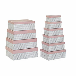 Jeu de Caisses de Rangement Empilables DKD Home Decor Doré Blanc Rose clair Carton (43,5 x 33,5 x 15,5 cm)