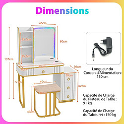 Helloshop26 Ensemble de coiffeuse avec miroir lumières et 4 tiroirs 7 lumières led rvb dynamiques et 7 statiques à intensité variable pour chambre blanc 20_0008470