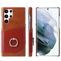 Coque en TPU + cuir véritable FIERRE SHANN avec béquille en anneau et porte-carte marron pour votre Samsung Galaxy S22 Ultra 5G