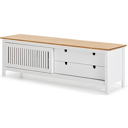 Avis Pegane Meuble TV en pin massif décor ciré chêne et blanc, meuble de rangement - Longueur 158 x Profondeur 40 x Hauteur 49.6 cm