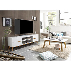 Acheter Pegane Meuble TV en laqué blanc mat avec piètement en chêne - L169 x H56 x P40 cm