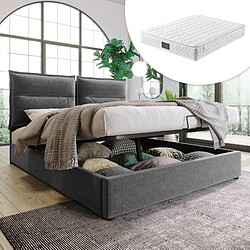 Avis KOMHTOM Lit Hydraulique Double - 140 X 200 cm - Structure Métallique - Velours - Espace De Rangement - Gris - Matelas Inclus