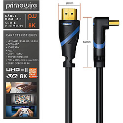 Primewire ? Câble HDMI 2.1 de 0,5m coudé 270°- 8k @30Hz - @120Hz DSC - 4k @144Hz - @240Hz DSC UHD II - Compatible avec HDMI 2.0a et 2.0b - 3D -rafraichissement VVR -DynamicHDR 10+ - eARC- DolbyVision